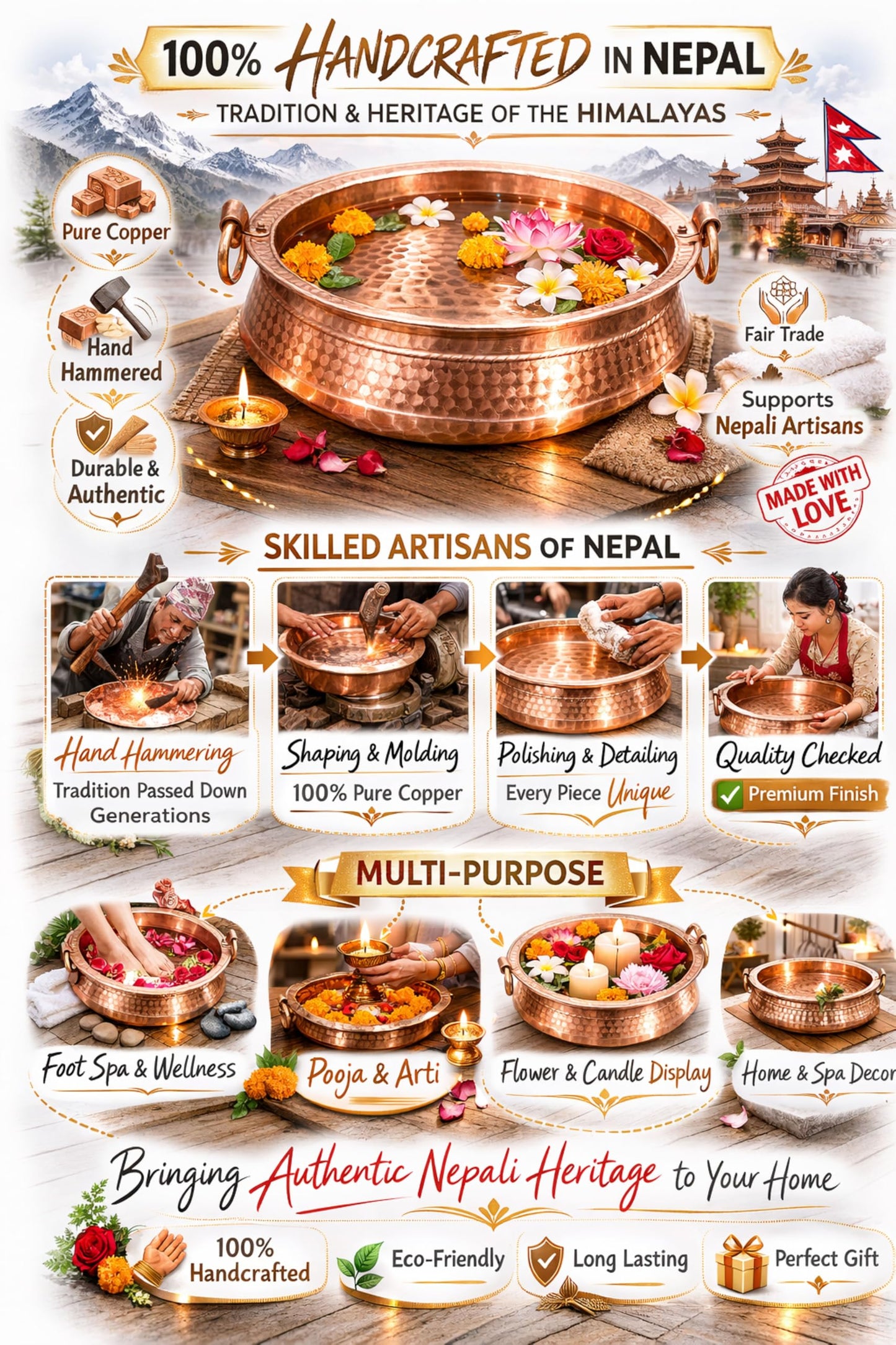 Himalayan Craft Pure Copper Foot Spa Bowl 11-12 Inch Handmade Nepali Khadkulo, Hammered Copper Pedicure Basin for Foot Soak, Relaxation & Wellness, Small to Medium Feet