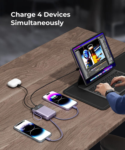 Portable-Charger-Power-Bank Travel Essentials Battery Pack USB C 30000mAh Built in Cable 22.5W Phone Fast Charging Powerbank Compatible with iPhone 16 15 14 13 12 11 iPad Samsung Google Xiaomi