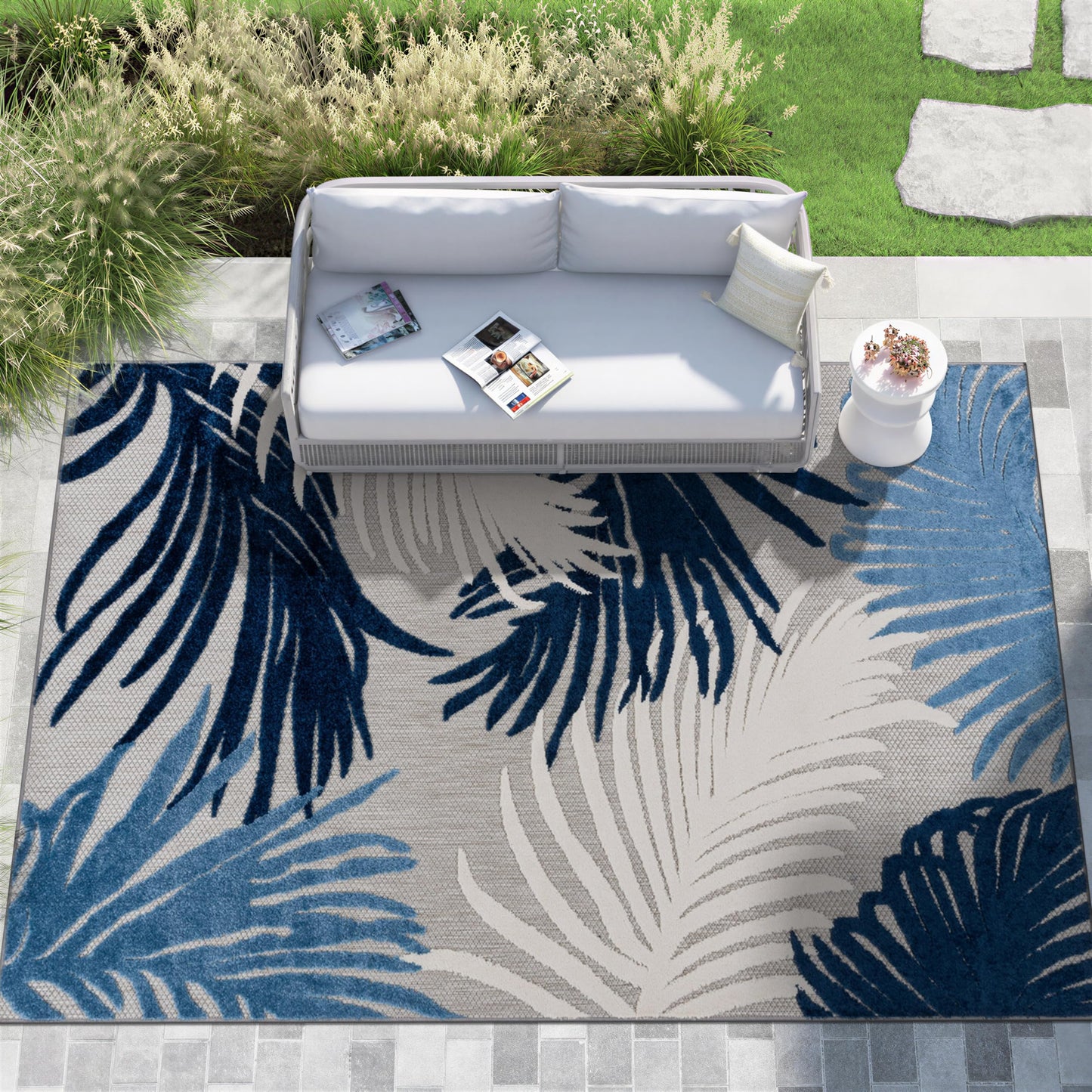 Rugshop Navy Lucca Contemporary Floral Indoor/Outdoor Area Rug Durable Polypropylene, Weather Resistant, Easy to Clean for Backyard, Deck and Outdoor Lounge 10' x 14'