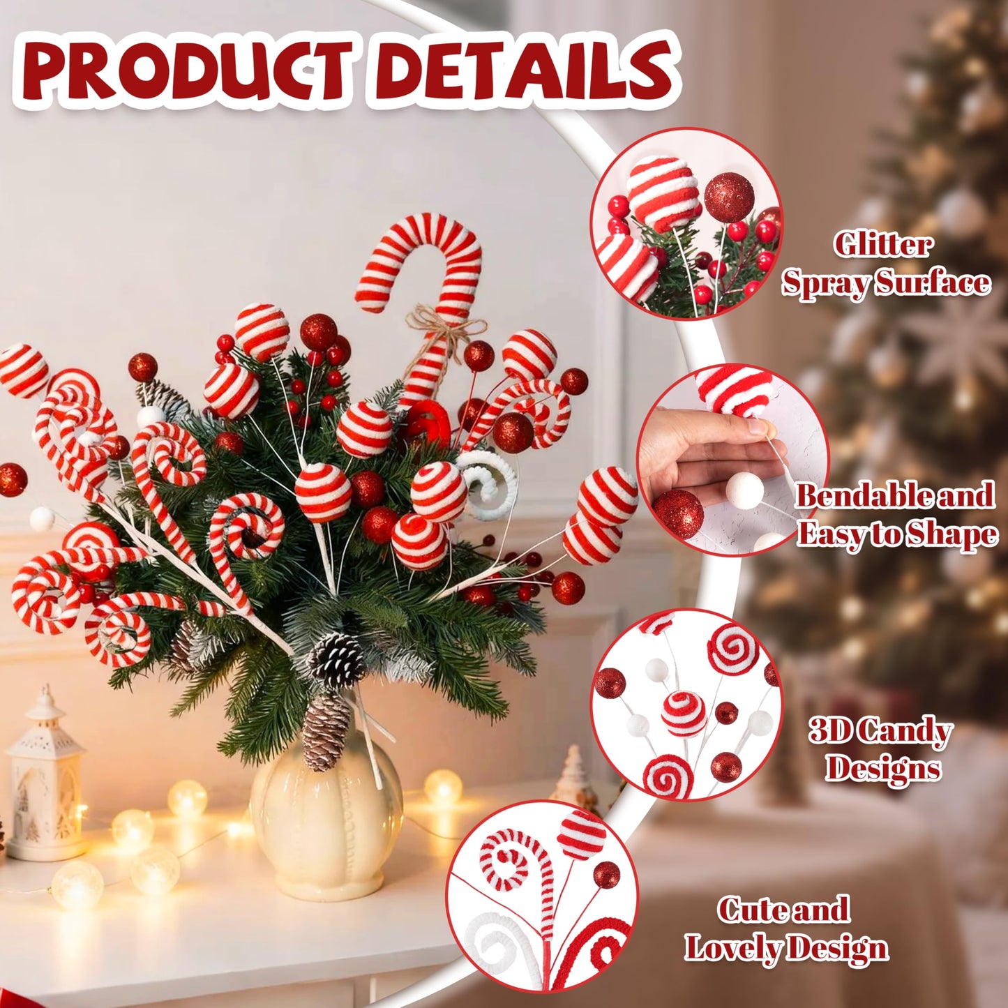 5pcs Candyland Christmas Tree Picks Candy Cane Tree Topper, Red and White Christmas Tree Decorations with Glitter, Curly Lollipop Candy Picks for Xmas Holiday Wreath Vase Party Decor