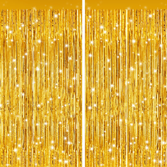 2Pack Gold Party Streamers, Gold Metallic Tinsel Streamers for Birthday Wedding Party Decors Graduation, Baby Shower, Photo Booth Props for Bachelorette Decors Xmas Halloween Party Supplies Backdrop