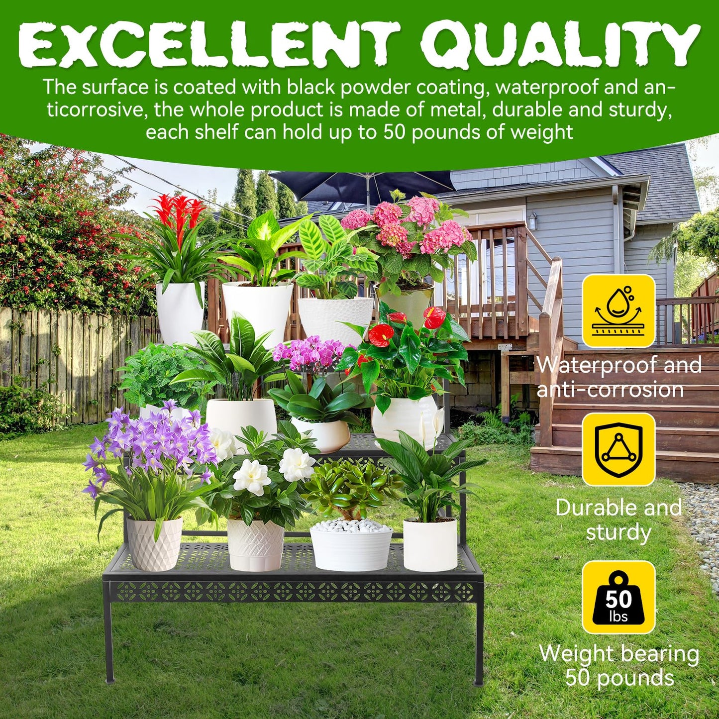 Meyoppm 3 Tier Metal Plant Stand, Ladder Flower Pot Holder Plant Stands, Tiered Plant Stand Outdoor Storage Organizer Rack for Home Garden Patio Balcony