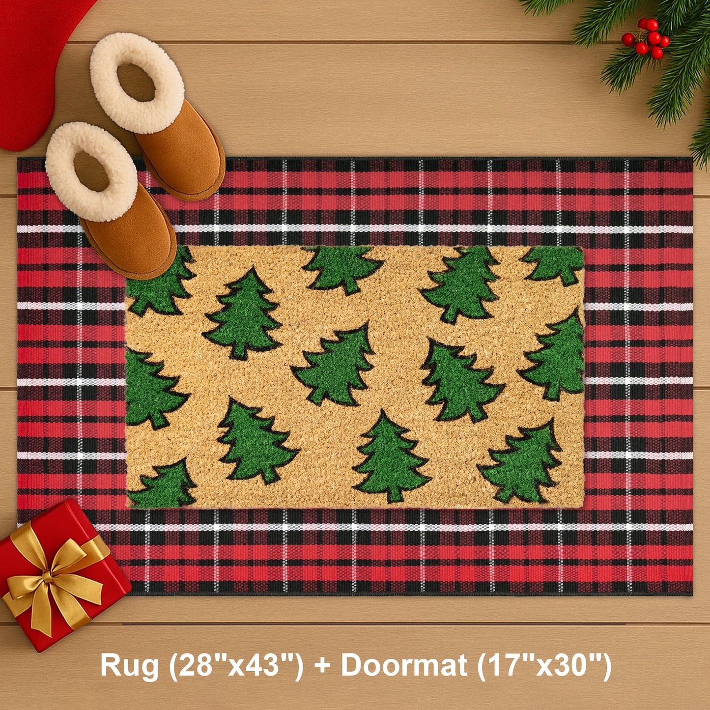 Christmas Door Mat Set 2-Piece, 17"x30" Coir Welcome Mat with Green Tree Pattern and 28"x43" Red Black White Check Rug, Layered Front Porch Combo for Holiday Entryway Outdoor Decor