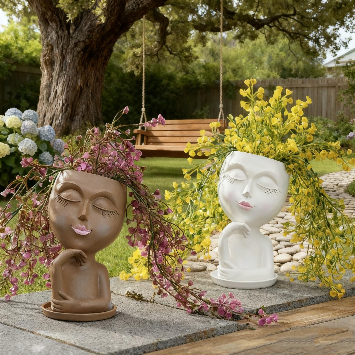 EMINGSKY Cute Lady Face Planter Pot - 1PC Sleeping Beauty Resin Succulent Pot with Drainage Holes, Indoor Outdoor Head Planter for Coffee Table/Garden Balcony Decor (White)