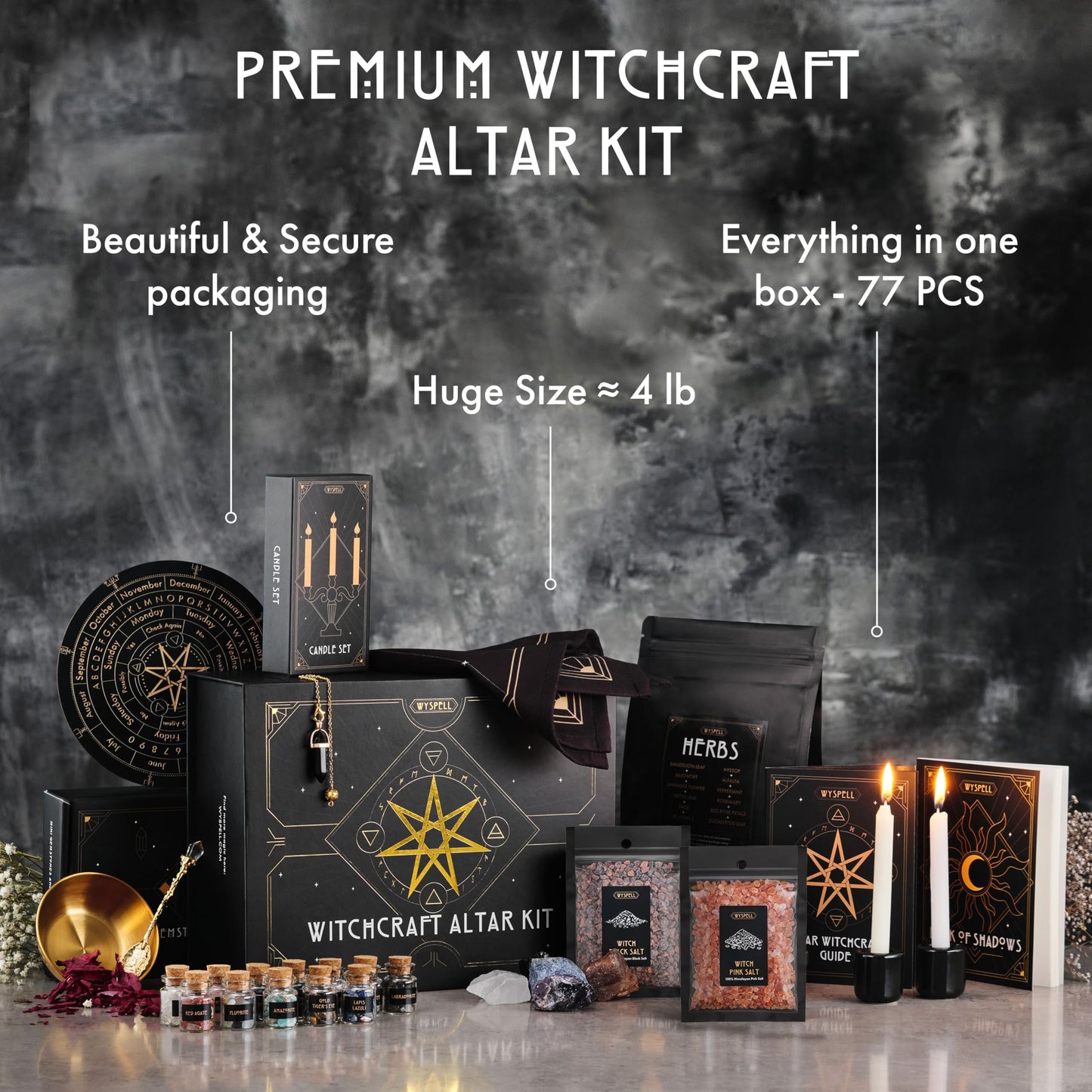 Wyspell Large Witchcraft Kit 77 PCS - Witch Altar Spell Set - Wiccan Supplies & Tools - Witchy Gifts for Beginners: Spell Candles, Dried Herbs, Crystals, Stones, Cloth, Pendulum, Bowl & Spoon
