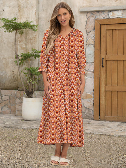 ANRABESS Women's Boho Maxi Dresses 2025 Summer Casual V Neck Puff Sleeve Floral Tiered Flowy Swing Beach Vacation Long Dress