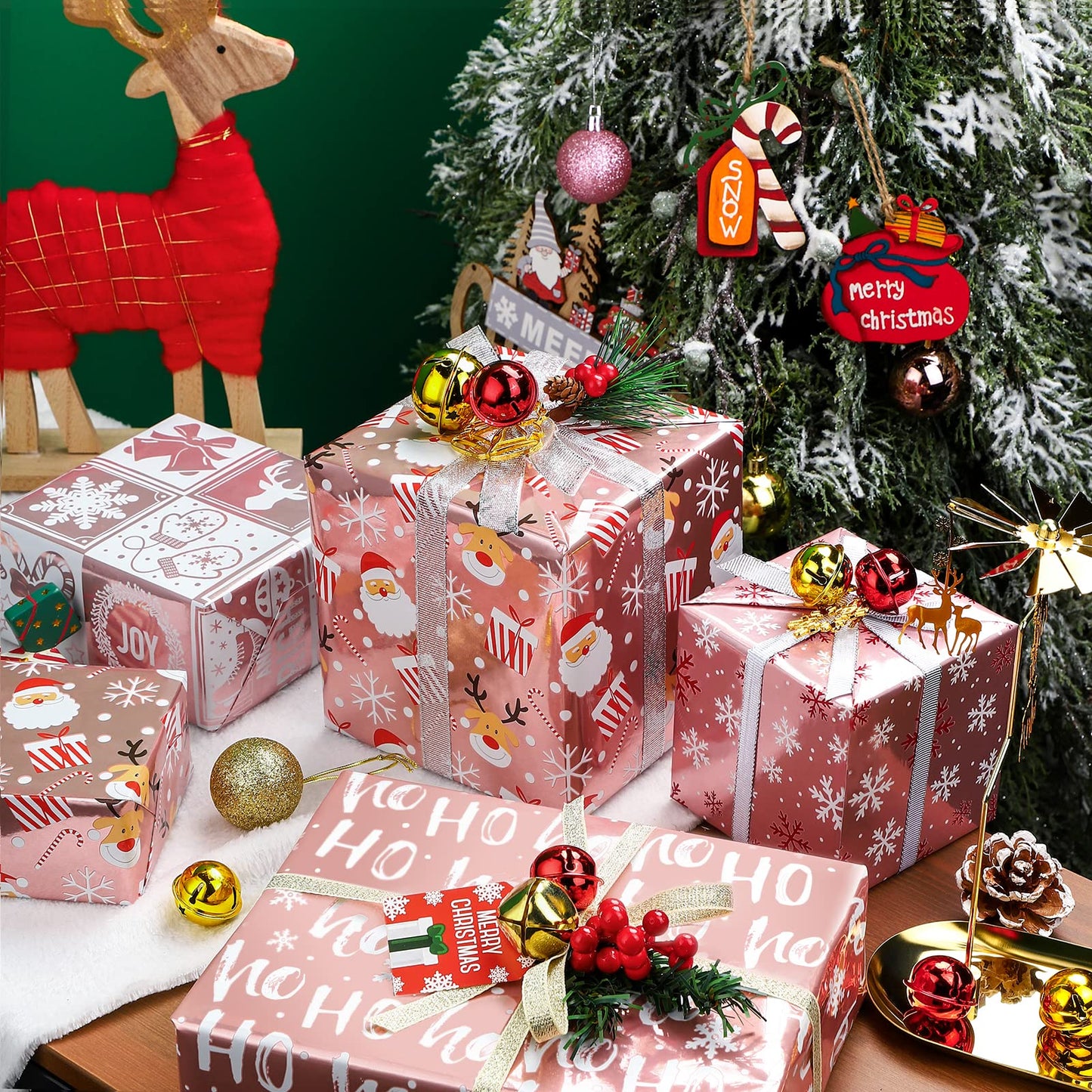 WRAPAHOLIC Christmas Wrapping Paper Set - Rose Gold Santa and Reindeer with Metallic Foil Shine Wrapping Paper Bundle with Gift Bow & Ribbon & Tag & Sticker