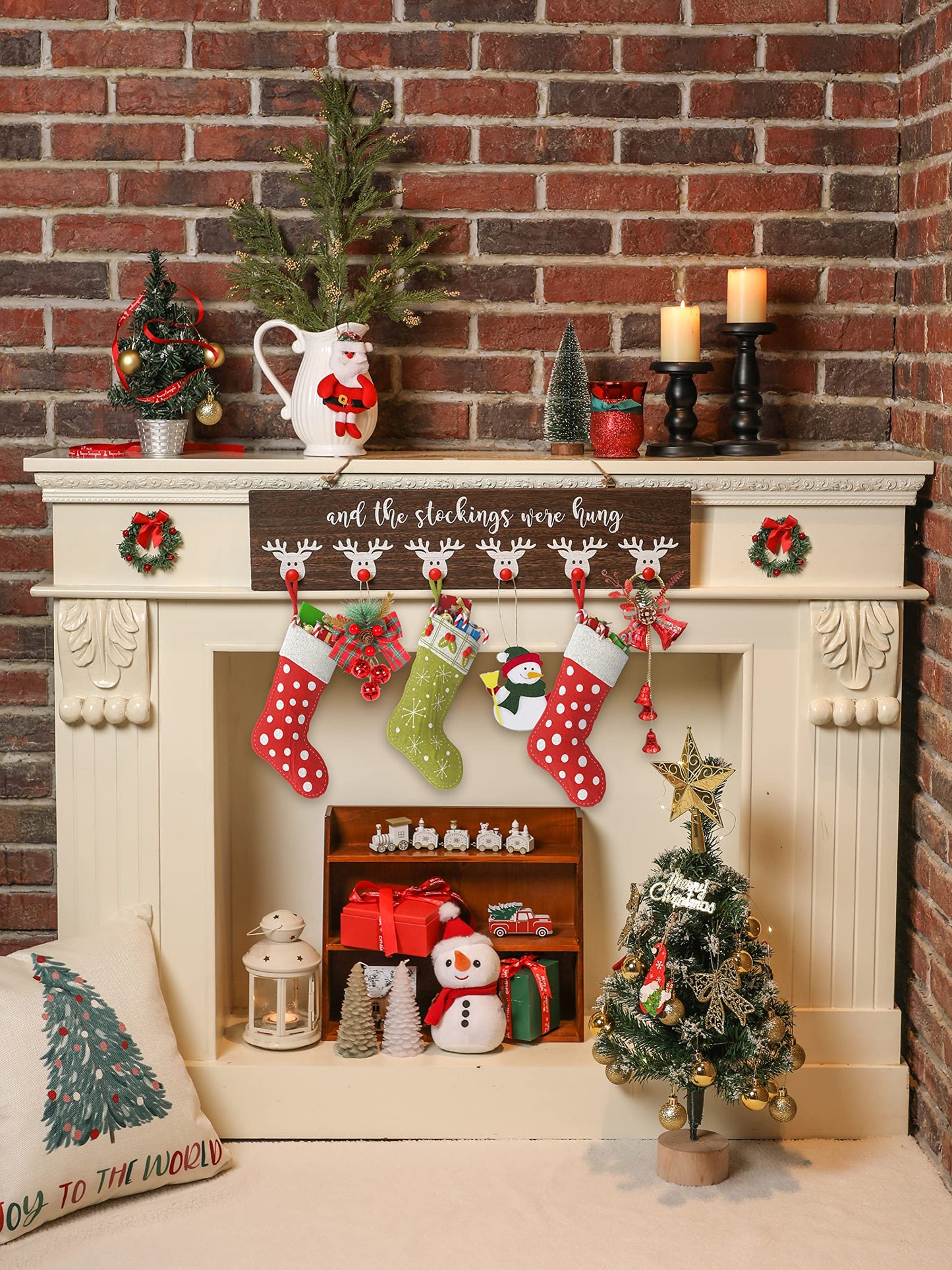 NEWLIGHTURE Christmas Stocking Wall Hanger The Stocking were Hung with 6 Red Nose Hooks Wood Christmas Stocking Rack Wall Mount Sign for Mantle Fireplace (Reindeer)