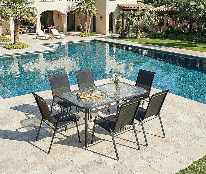 MAMIZO Patio Dining Chairs, Stackable All Weather Teslin Chair, Heavy Duty Outdoor Breathable Chairs Set, w/Armrests, Upgraded Chair FeetW/Strenthened Iron Spacers, 330 LBS (6, Black)