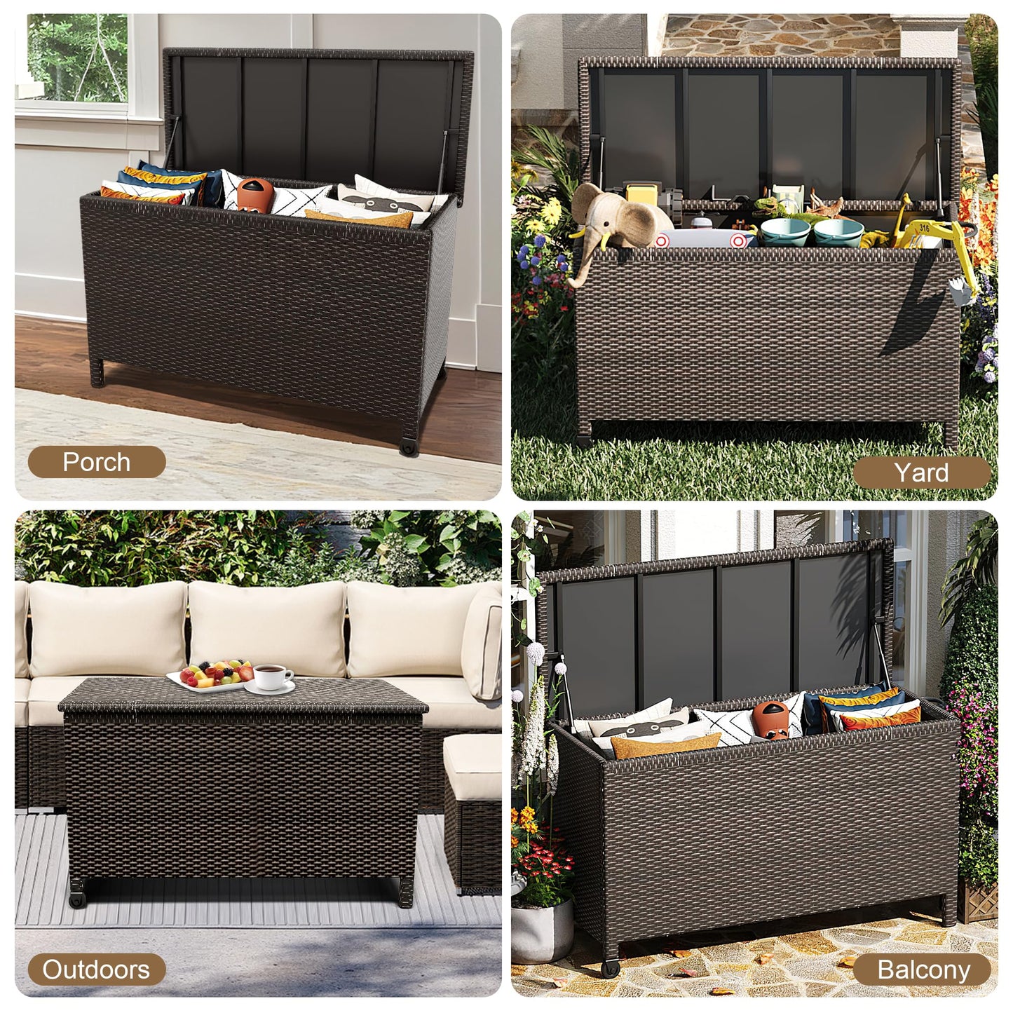 Large Deck Box Waterproof PE Rattan Outdoor Storage Box with Handles and Wheels, Storage Bin for Garden, Balcony, Porch, Pool, Yard (Brown, 125 Gallon)
