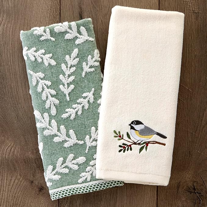 SKL Home Leaf Sprig 100% Cotton Jacquard 2pc Hand Towel Set, Reversible &