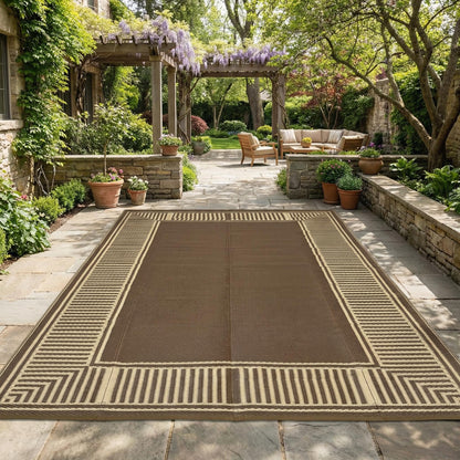GAOMON 10x20 Waterproof Outdoor Rug Reversible Plastic Straw Rug Patio Camping Rugs, Lightweight UV Resistant RV Mat Foldable Stain Resistant Outside Carpet for Beach, Balcony, Porch,Border-Brown