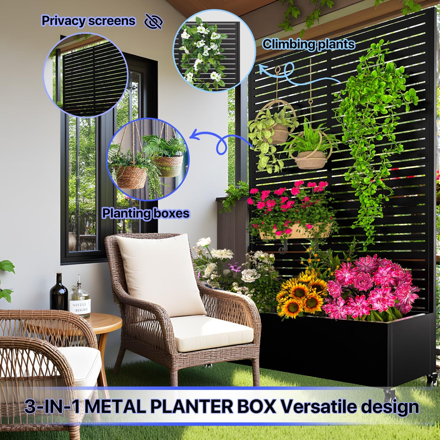 Metal Planter Box with Trellis,72"x47"x16"Galvanized Steel Outdoor Raised Garden Bed with Privacy Screen,with Drainage Holes & Lockable Casters for Climbing Plants,Vegetables,and Vines(Black-BYC)