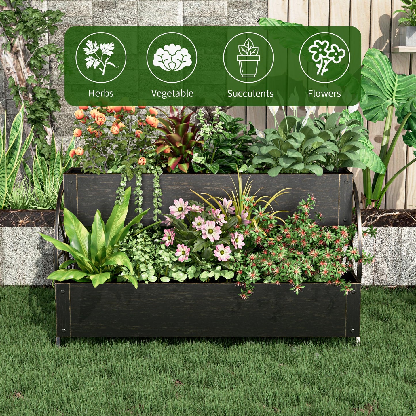 Athuiline Metal Raised Garden Beds with Wagon Wheels, 3-Tier Outdoor Planter Boxes, Decorative Herb Garden Planter for Flowers Herbs Vegetables, Small Flower Cart for Patio, Balcony (Retro Gold)