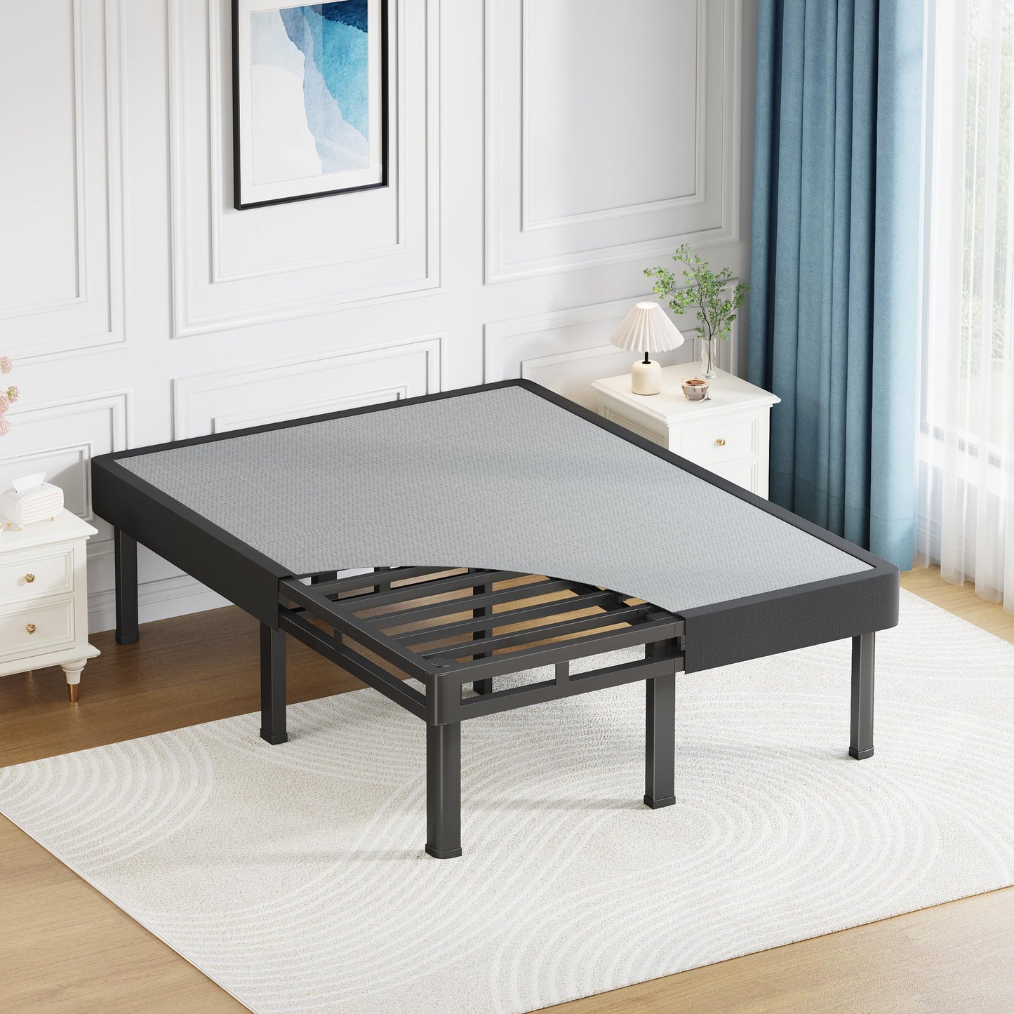 NKZ Box Spring Full Size, 14 inch All-in-One Box Spring with 9 Legs for Full Bed, 4000lbs Heavy Duty Metal Mattress Foundation with Fabric Cover, Noise Free, Easy Assembly, Black