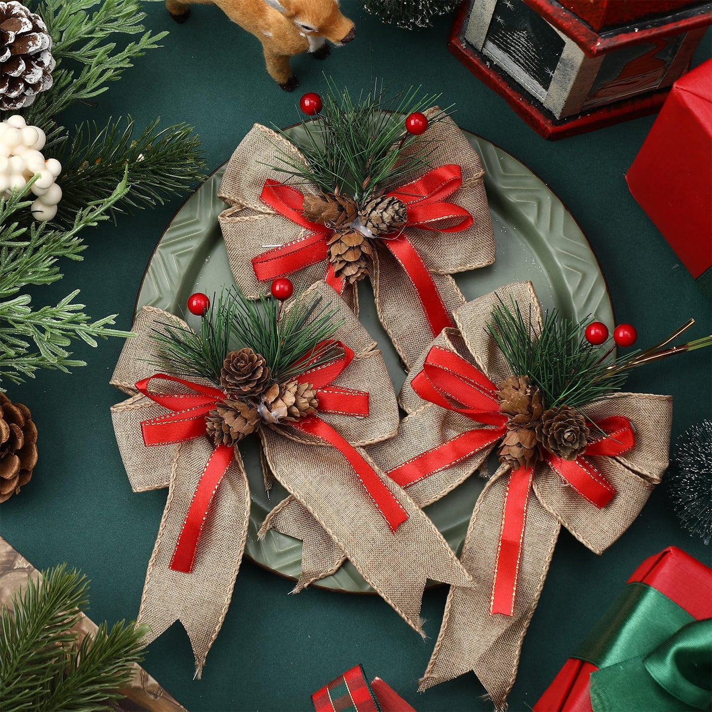 Syhood 6 Pcs Christmas Bows with Pine Cones Pine Needles Xmas Flaxen Bows Ribbon Christmas Tree Wreath Decoration for Xmas Parties Indoor Outdoor Crafts DIY Decor