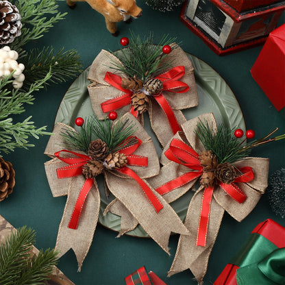 Syhood 6 Pcs Christmas Bows with Pine Cones Pine Needles Xmas Flaxen Bows Ribbon Christmas Tree Wreath Decoration for Xmas Parties Indoor Outdoor Crafts DIY Decor
