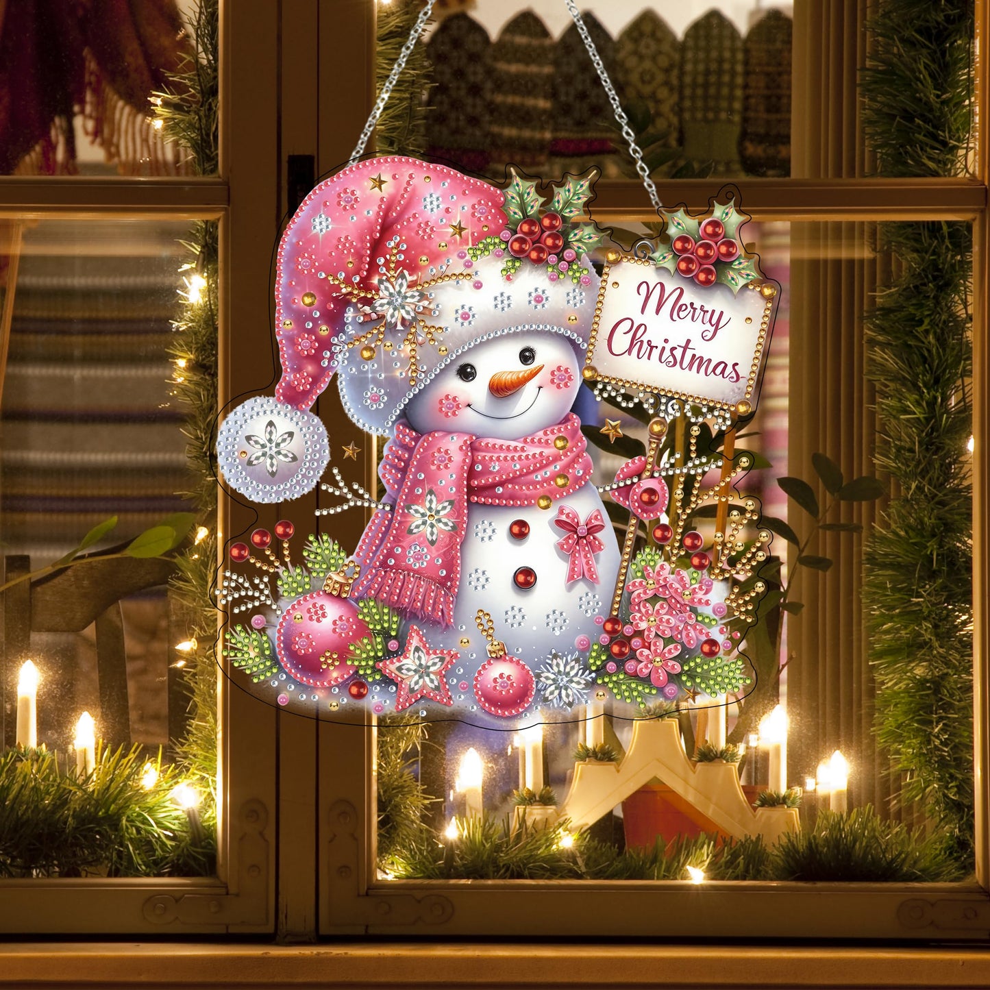Diamond Art Hanging Kit for Adult,Special Shaped Rhinestone,DIY Acrylic Diamond Art Painting Window Pendants Home Garden Wall Hanging Kits Hanging Ornament,Double Sided. (Christmas Snowman-2)
