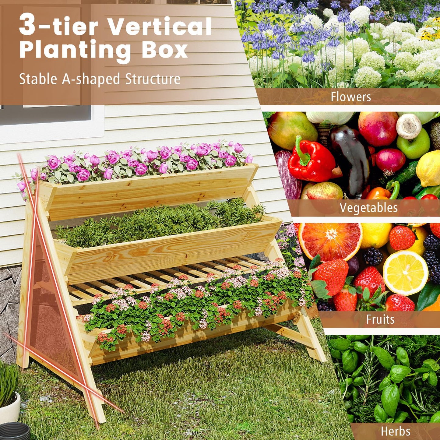 HOMGX 3-Tier Vertical Garden Bed, Wooden Tiered Planter Raised Bed with Legs & Storage Shelf for Flowers Herbs Vegetables, Freestanding Outdoor Plant Box Stand for Patio, Balcony