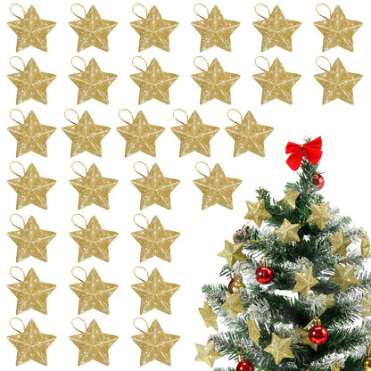 DEARMAMY 30 Pcs Gold Glitter Star Ornaments Christmas Tree Pendant Mini Hanging Stars Mini Gold Glitter Pendant Xmas Tree Ornament 3D for Christmas