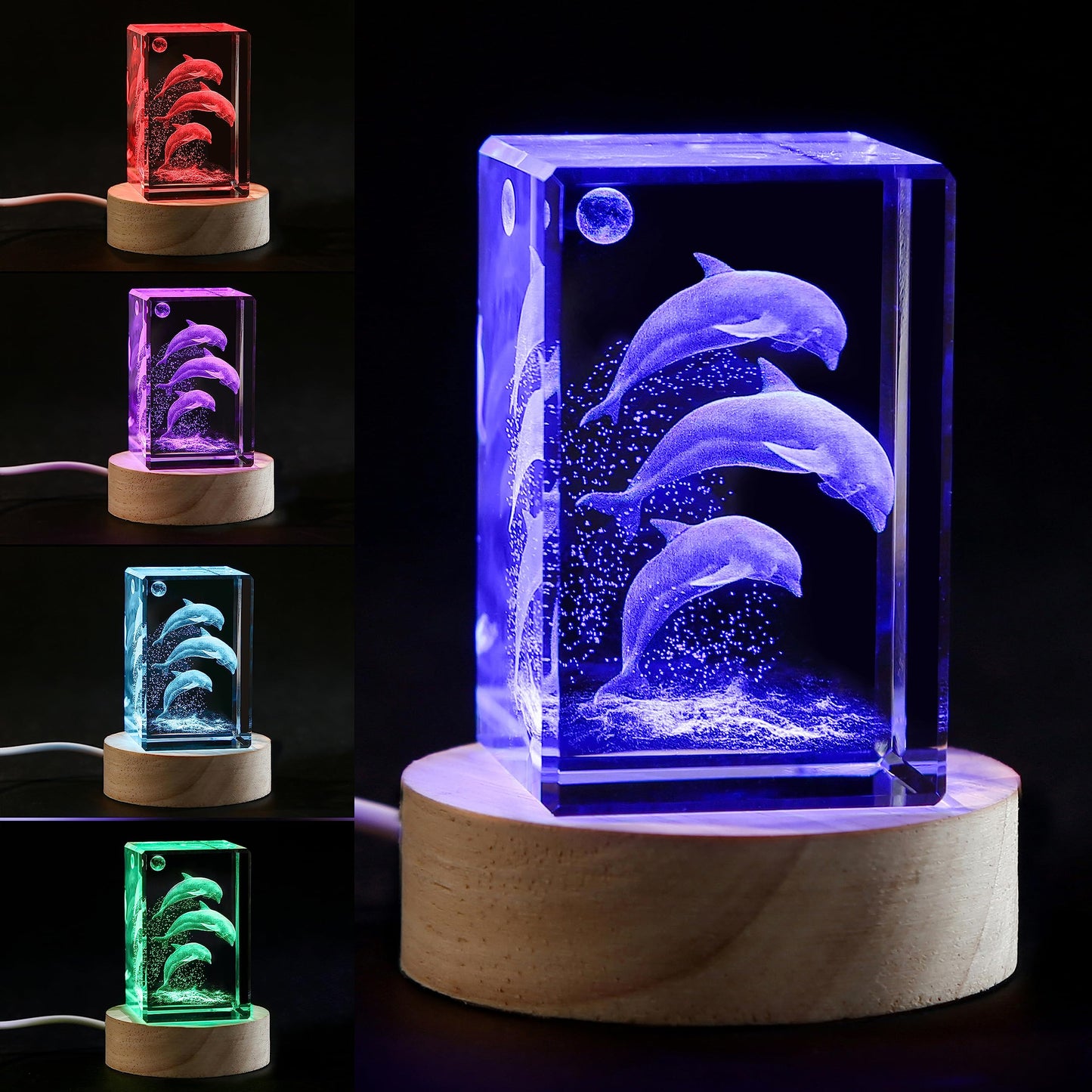 YouerCrystal 3D Crystal Dolphin Figurine Night Light with LED Base, Birthday Gift for Kids Women, Thanksgiving Christmas Valentines Anniversary Birthday Gifts