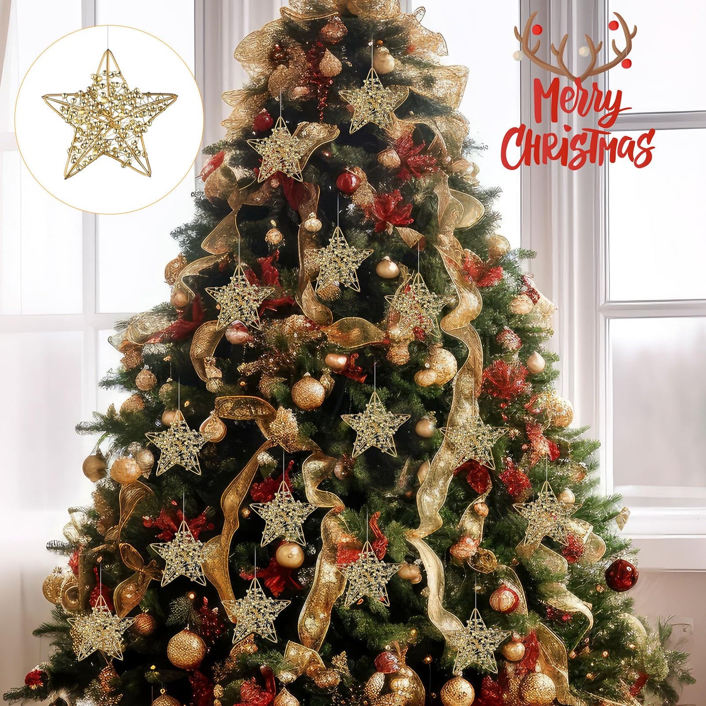Simgoing 12 Pcs 2.8'' Gold Metal Star Ornaments for Christmas Tree Decor Rustic 3D Glitter Star Ornaments for Crafts Small Gold Christmas Hanging Stars Festive Gifts Embellishments for Holiday Party
