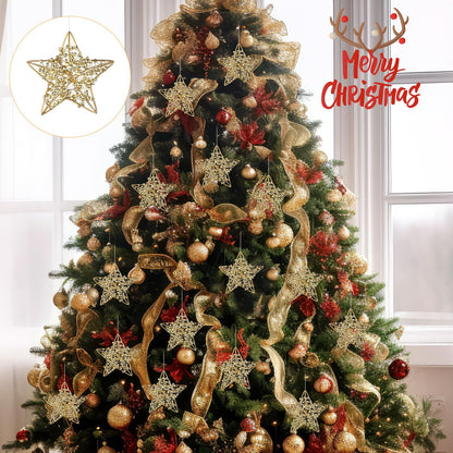 Simgoing 12 Pcs 2.8'' Gold Metal Star Ornaments for Christmas Tree Decor Rustic 3D Glitter Star Ornaments for Crafts Small Gold Christmas Hanging Stars Festive Gifts Embellishments for Holiday Party