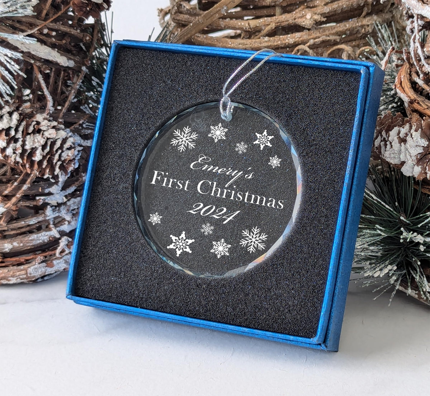 Personalized Crystal “First Christmas” Ornament – 3 in Round Keepsake with Gift Box & Ribbon – Custom Name & Year Baby, Couple or Family