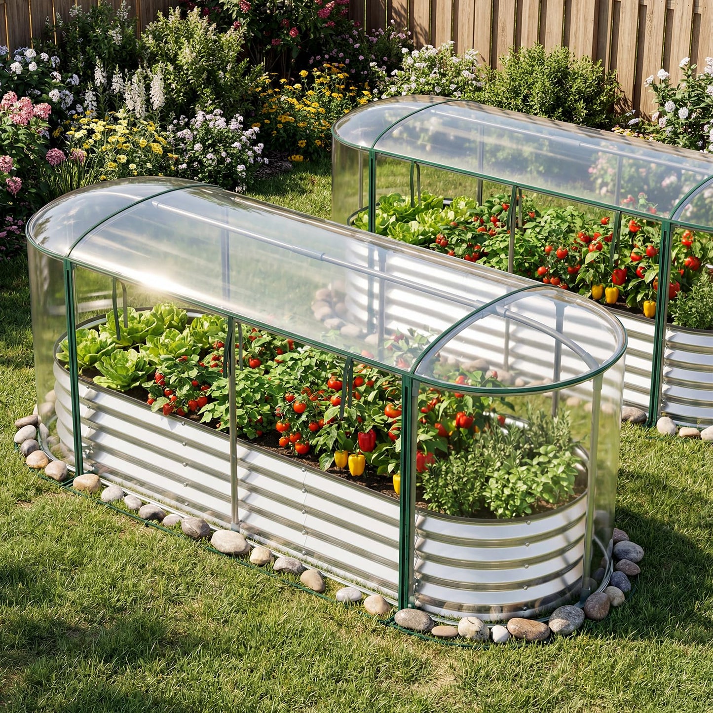 Giantex Raised Garden Bed w/Greenhouse Cover, Outdoor Oval Metal Steel Planter Box w/Roll-up Window, Clear PVC Mini Greenhouse for Vegetables Flowers Herbs Outdoor Patio Gardening, 6x2x1 FT (Silver)