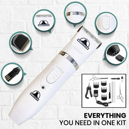 Pet Union Professional Dog Grooming Kit - Rechargeable, Cordless Pet Grooming Clippers & Complete Set of Dog Grooming Tools. Low Noise & Suitable for Dogs, Cats and Other Pets (White)