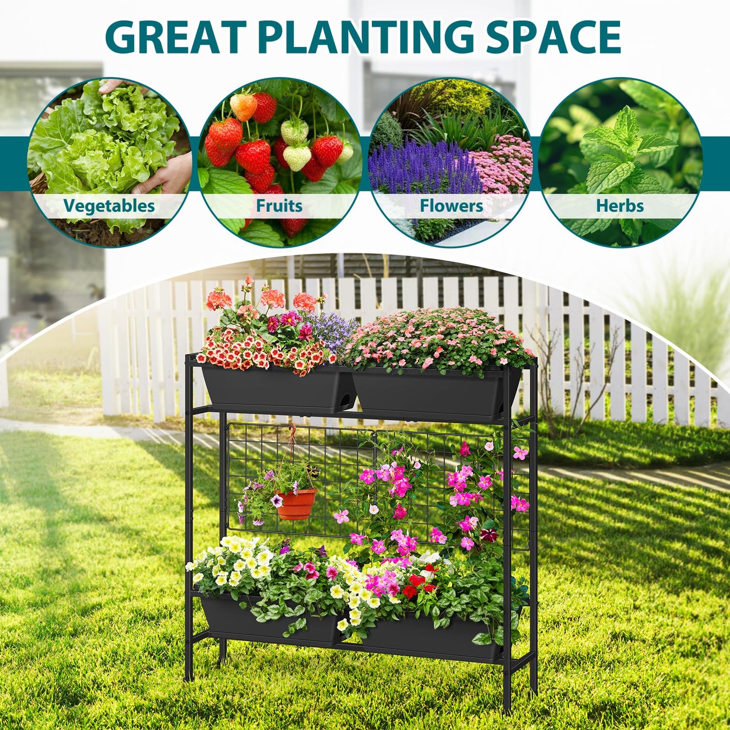 OYEAL Raised Garden Beds Outdoor with Legs 32" Tall Herb Garden Planters Box Raised Flower Beds for Gardening, Vertical Privacy Planter with Trellis for Patio, Porch, Backyard, Balcony, Grey