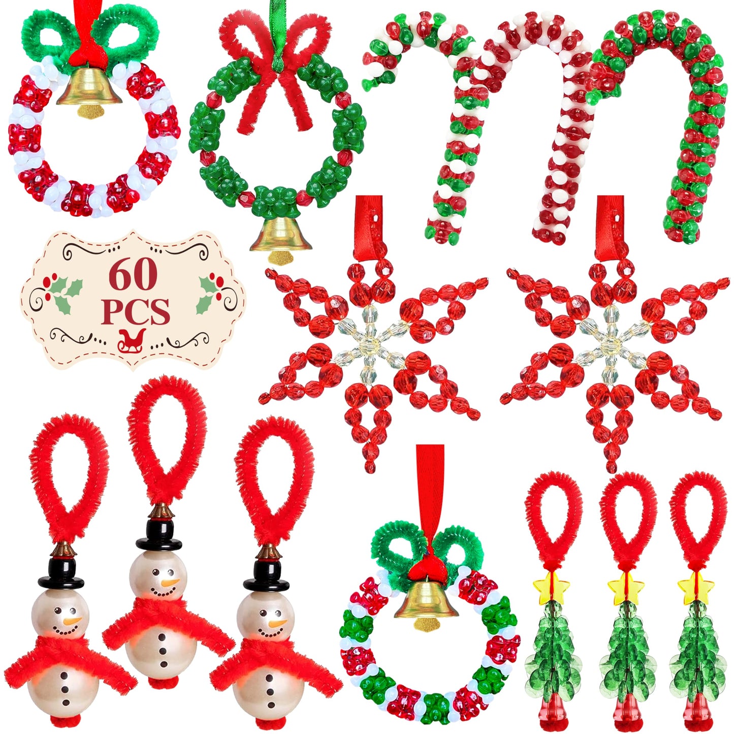 Christmas Beaded Craft Kit for Kids - 60 Pc Ornament Set, Tree Decorations (Snowman, Christmas Tree, Wreath, Snowflake, Candy Cane Each x12)
