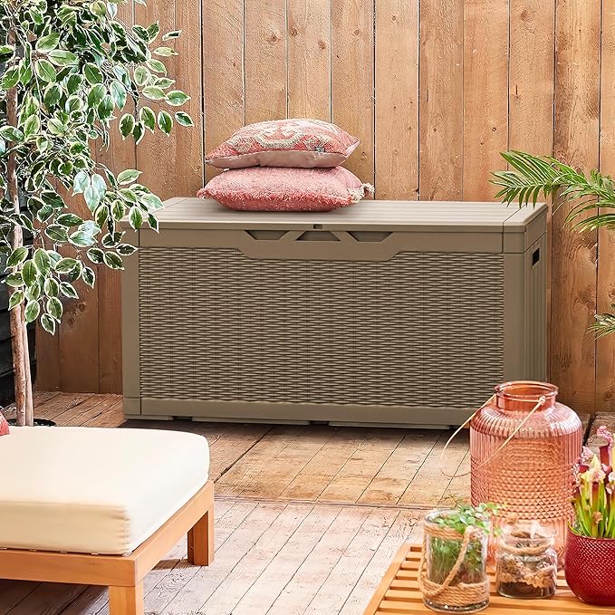 Greesum 100 Gallon Resin Patio Storage Box for Garden Tools, Outdoor Furniture Cushions, Pool Supplies, Coffee