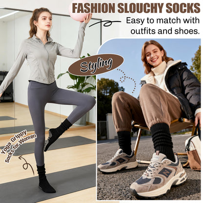 Sandsuced Pilates Grip Slouchy Yoga Socks Winter Warm Cozy Scrunch Boot Grippy Crew Slipper Socks 4 Pairs for Women Gift Stocking Stuffers(Black,M)