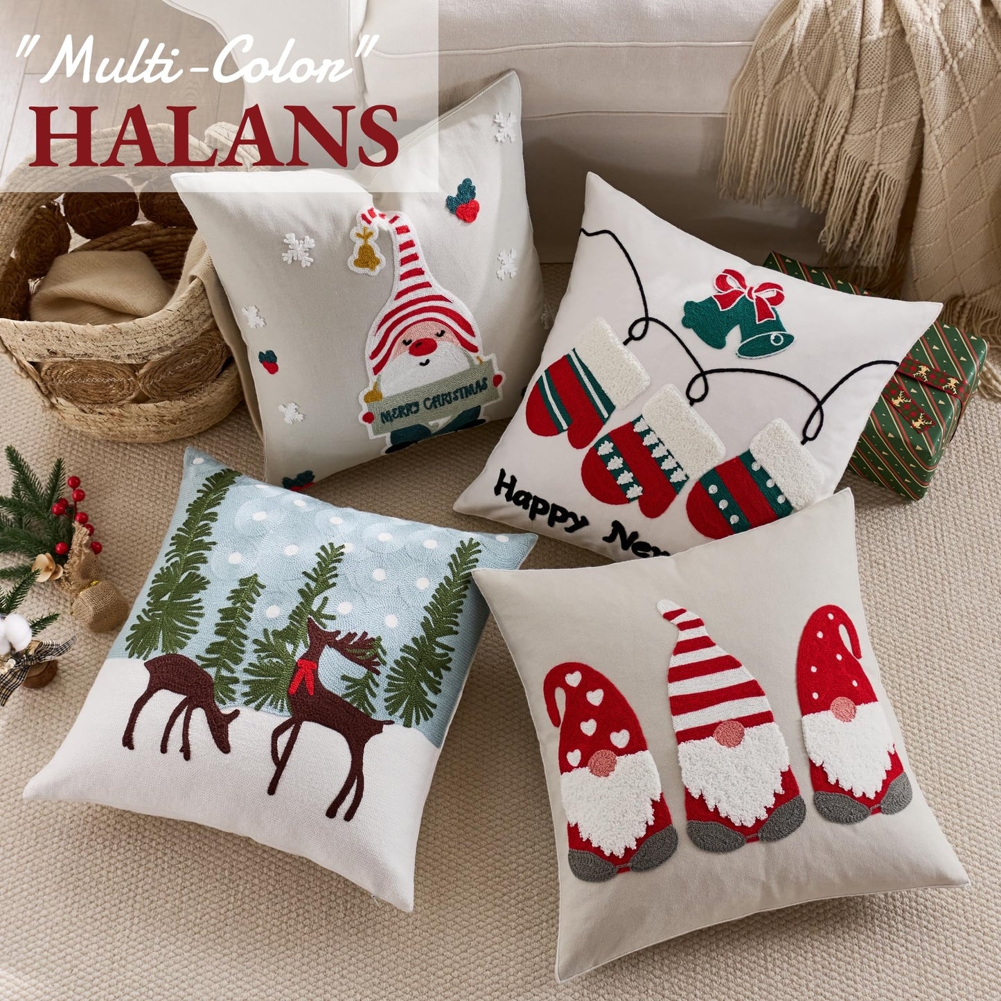 Farmhouse Christmas Pillow Covers 18x18 Set of 2, Xmas Embroidered Throw Cushion Cases with Festive Patterns for Rustic Home Holiday Decor (Gnome Christmas, 18" x 18" (Pack of 2))