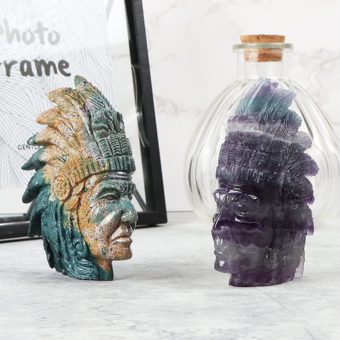 SMQ 3.3" Indian Head Bust Statue Ocean Jasper Crystal Stone Skull Ornaments Native American Indian Figurine for Diorama Gemstone Sculpture for Home Office Room Decor