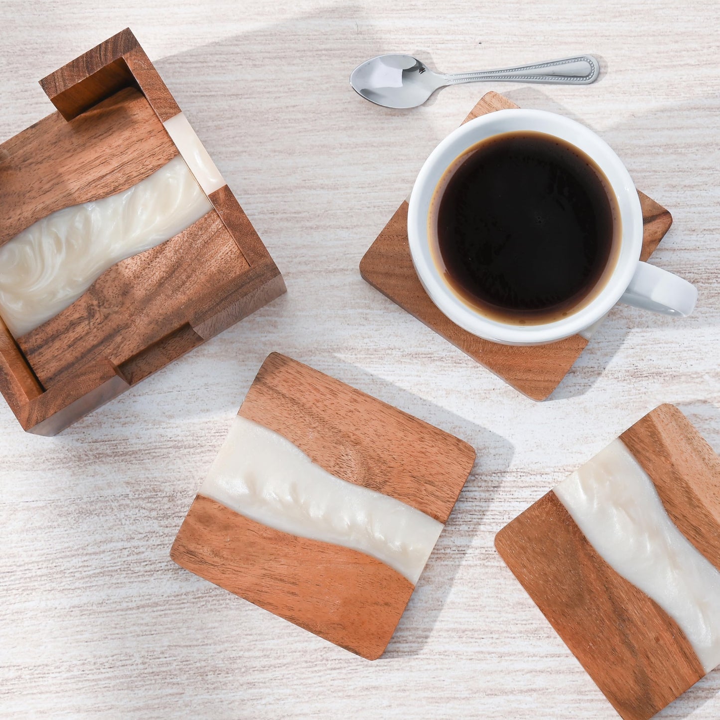 Vinola Coasters Set of 4, Discontinued Soon! Cute Coasters, Rustic Home Decor Accents, New Home Essentials, Wood Coasters for Drinks, Coasters with Holder, Wood Epoxy Resin, 4x4 Inches