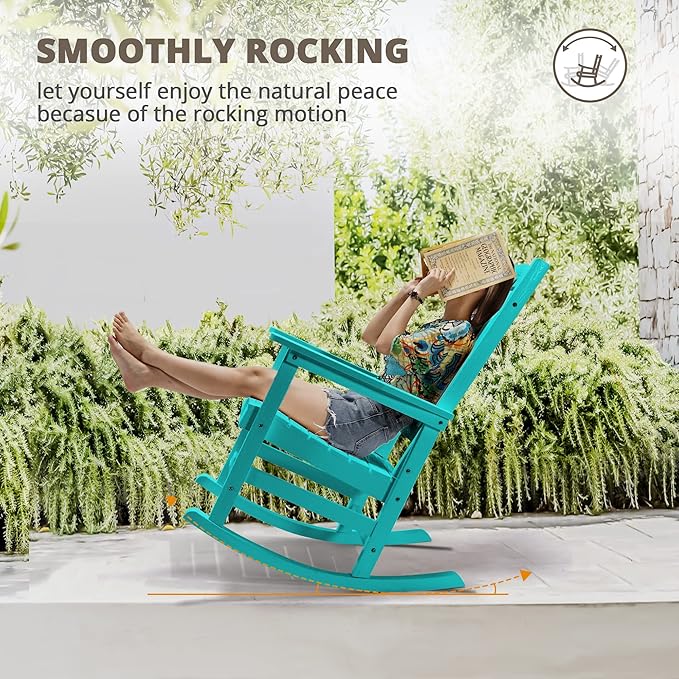 LUE BONA Outdoor Rocking Chairs Set of 4, HDPS Porch Rocker with High Back, Plastic Weather Resistant Rocking Chairs for Outdoor Indoor, Garden, Backyard, 350lb, Aruba Blue