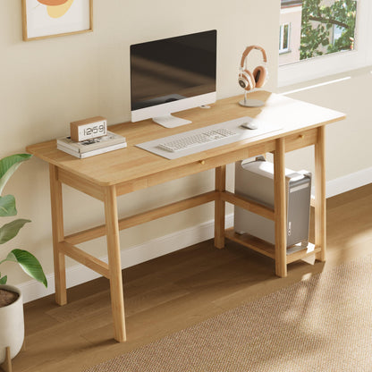 NELYE Solid Wood Desk with Drawer - 58 Inch Modern Writing and Computing Workstation for Home Office in Oak