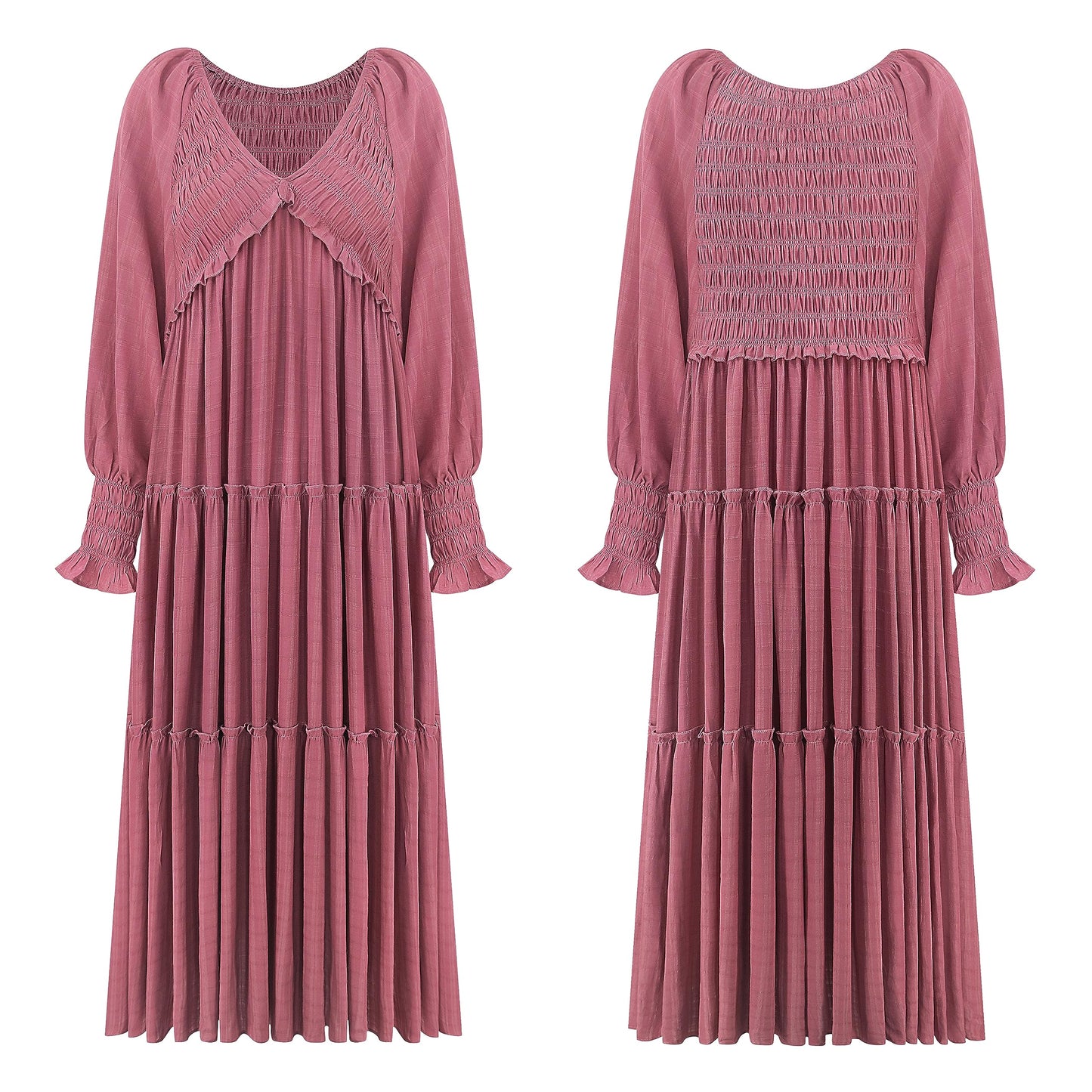 R.Vivimos Maxi Dress for Women Long Sleeve V Neck Empire Waist Layered Ruffle Boho Casual Flowy Long Dresses