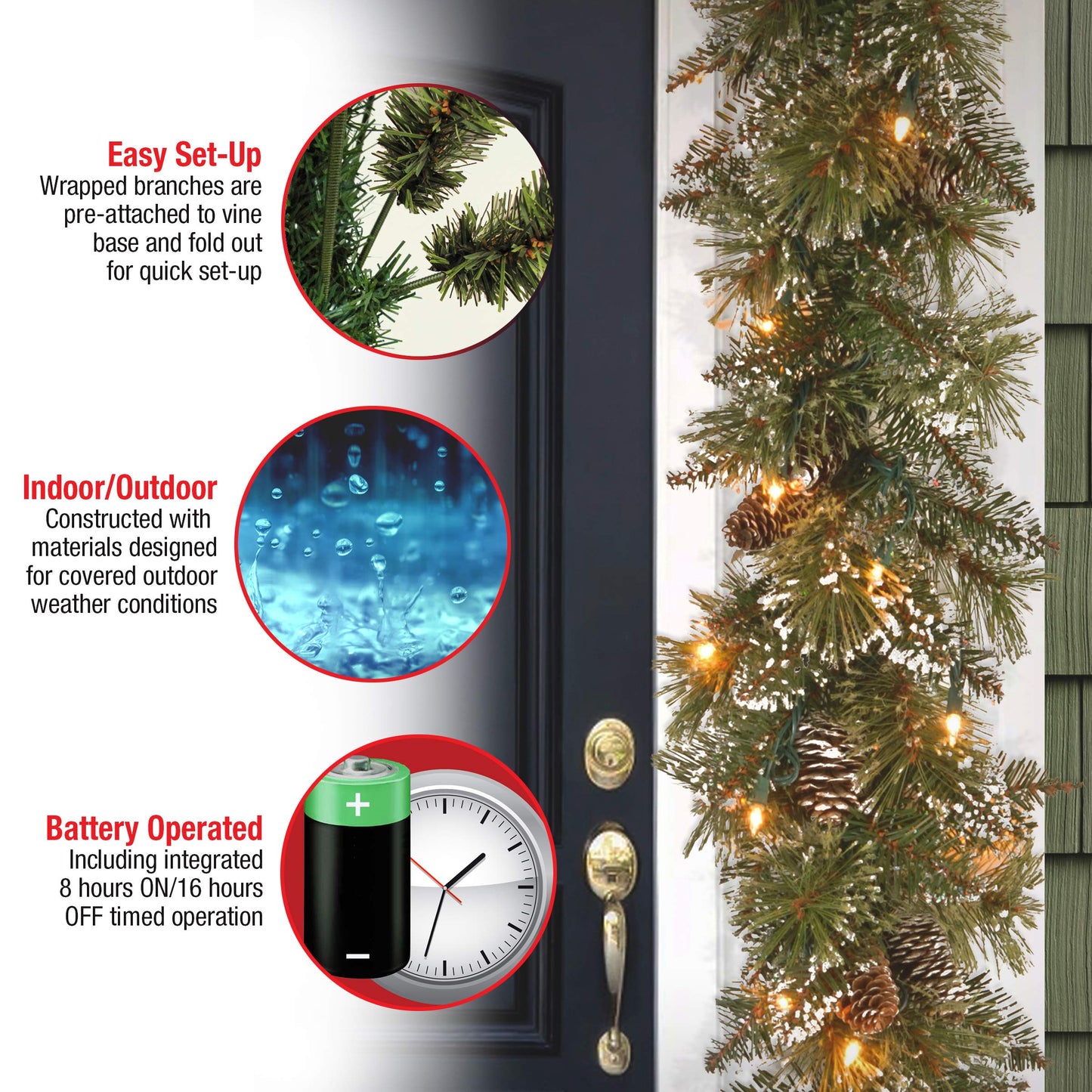 National Tree Company 6 ft Pre-Lit Glittery Bristle Artificial Christmas Garland, Christmas Decoration with Pinecones, 50 Warm White LED Lights, 138 Tips, Timer, Green
