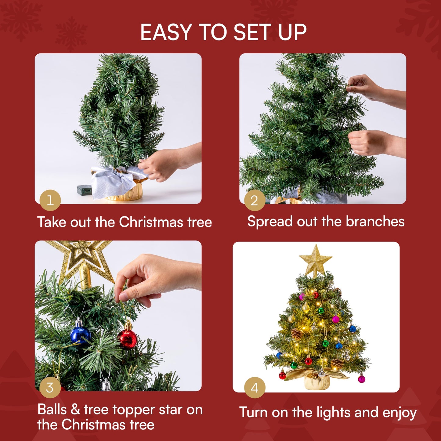 Joiedomi 24"/2FT Tabletop Mini Christmas Tree Pre lit with Warm Lights, Holly Berries, Pine Cones and Ornaments for Indoor Artificial Mini Xmas Tree Holiday Season Decorations (Gold)