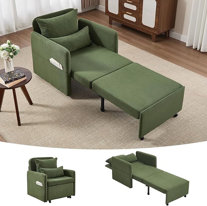 Iroomy 5-Level Adjustable Convertible Sleeper Chair, 3-in-1 Corduroy Pull Out