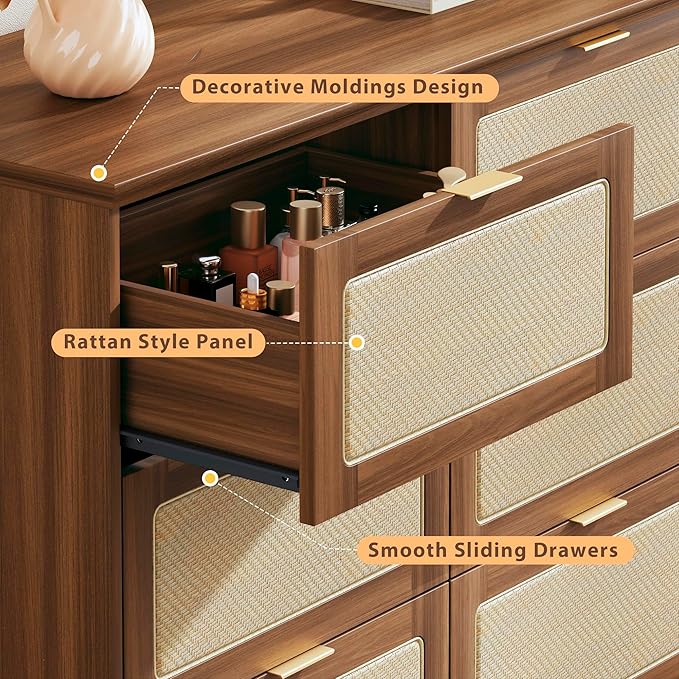 HUAHUU 9 Drawer Dresser for Bedroom, 60 Inch Long Dressers & Rattan Chest of