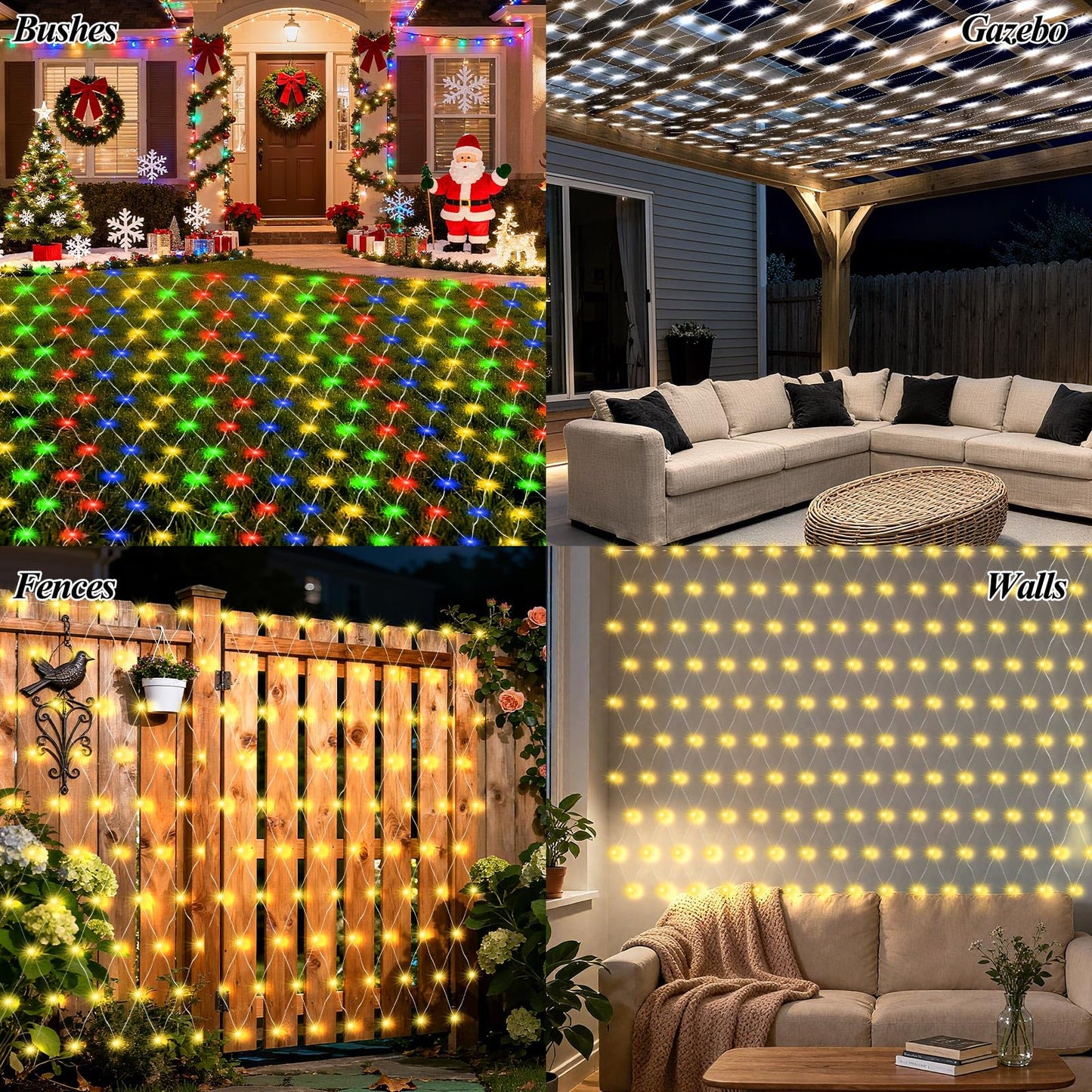 8ft x 8ft Net Lights, 180LED Gazebo Lights Outdoor 8 Modes Timer, Waterproof Connectable Christmas String Lights Clear Wire Plug in for Bushes Patio Pergolas Garden Holiday Party - Cool White
