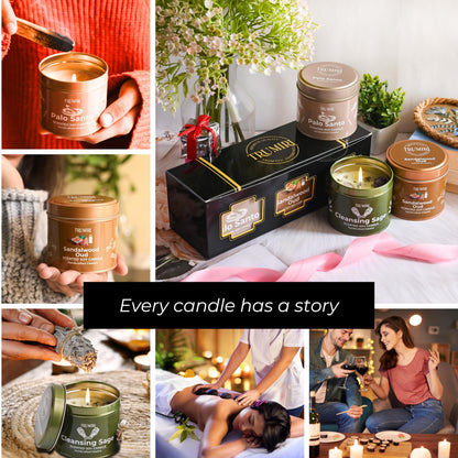Cleansing Sage, Palo Santo, Sandalwood Oud - Soy Candles Non Toxic - Highly Scented Long Lasting with Essential Oils - Variety Pack of 3 x 5oz - for Home Aromatherapy Meditation Gift Travel