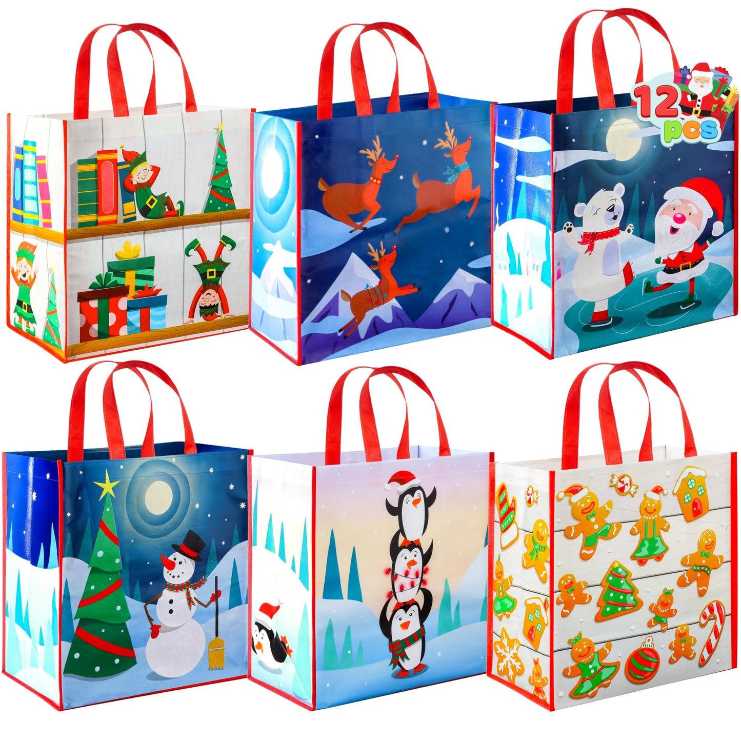 JOYIN 12 PCS Christmas Large Gift Bags with Handles 13.75" x 14", Non-Woven Tote Bag for Wrapping Xmas Party Favors, Reusable Grocery Bags, Party Supplies