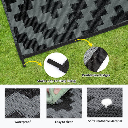 Outdoor Patio Plastic Straw Rug - 9x18 ft Outdoor Camping Rug Waterproof Reversible, Area Carpet Patios Clearance RV, Outside Porch Balcony Deck for Camper, Black & Grey