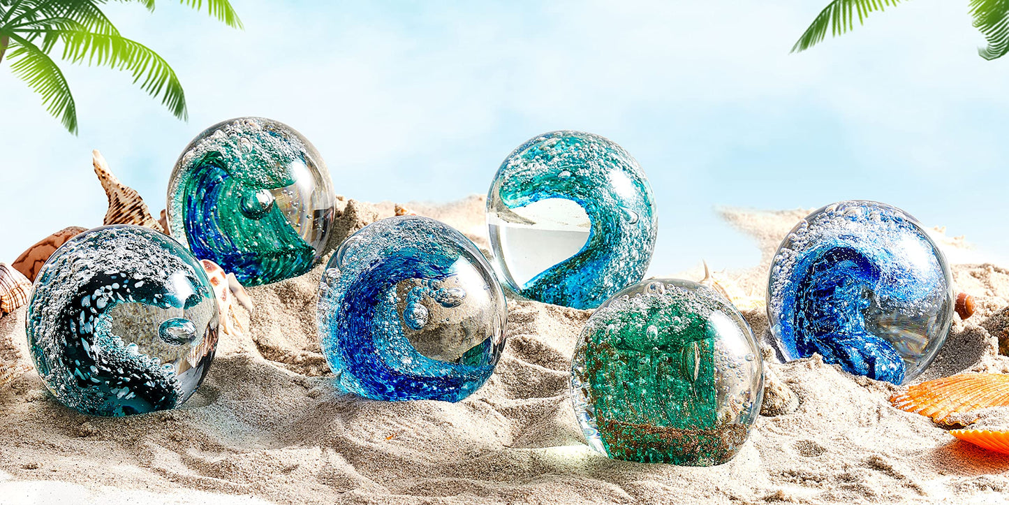 EUSTUMA Hand Blown Glass Figurines Ball Ocean Waves,Office Paperweight Glass for Desk,Home Decor Collectible,Aquarium Decor,Office Decor Ocean Lovers (Waves)