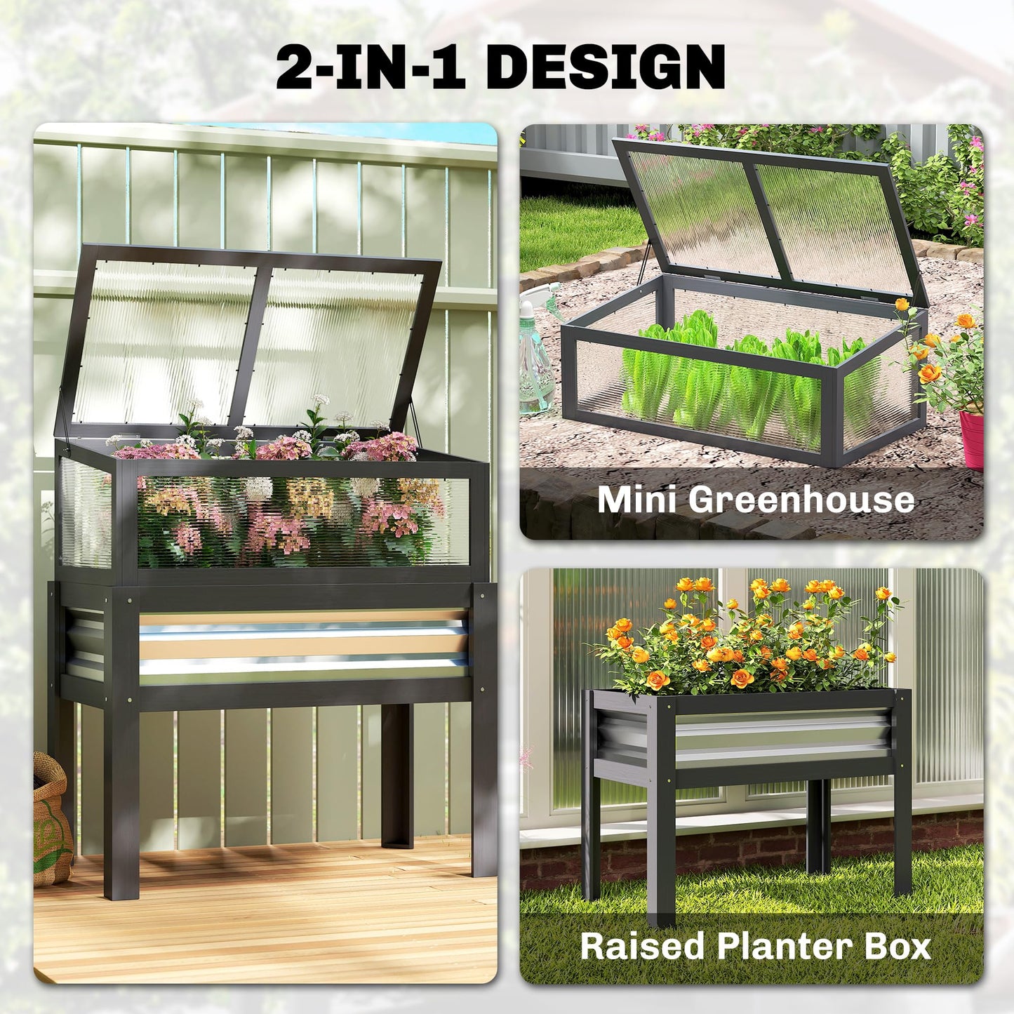 Outsunny Wooden Raised Garden Bed with Flip-Up Greenhouse Top, Raised Garden Bed with Legs and Bed Liner, Elevated Planter Box for Flowers, Vegetables, Herbs, Gray